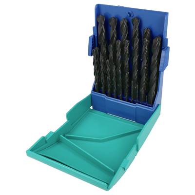 Open blue and teal drill bit case holding multiple black twist drill bits on a white background.