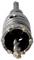 Close-up of a metal hole saw drill bit with a serrated cutting edge and central pilot bit on a white background.