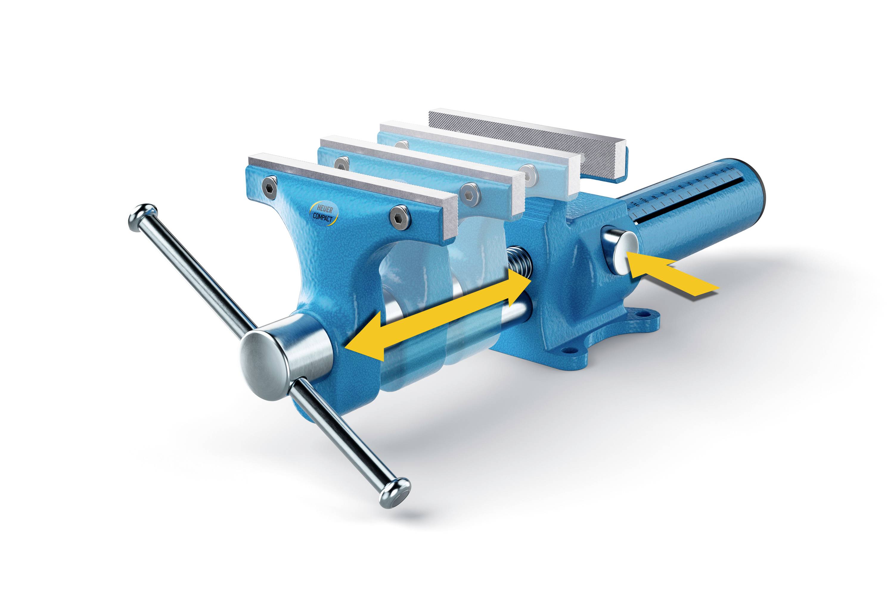 A blue vice with a handle and arrows indicating the direction of movement.