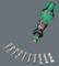 A screwdriver with a green and black handle, surrounded by eleven interchangeable bits in various sizes and shapes.