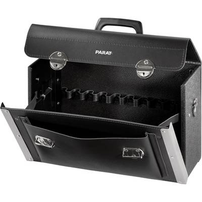 Open black leather tool bag made by 'PARAT', with multiple compartments for tools and a shoulder strap.