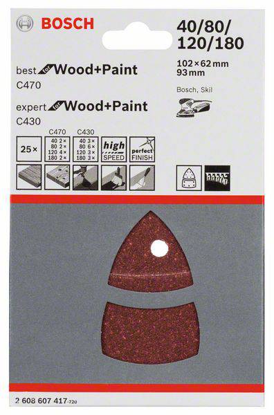 Bosch Sanding Sheet Set for Wood and Paint. Includes 102 x 62 mm sheets in 40/80/120/180 grits. High-speed and precise finishing.
