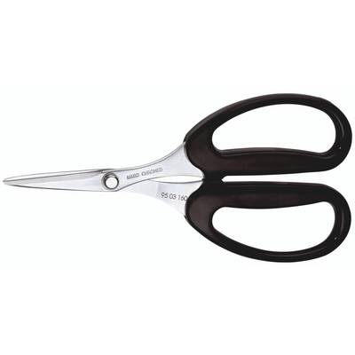 A pair of scissors with a black handle and a shiny blade lies flat, the blades closed.