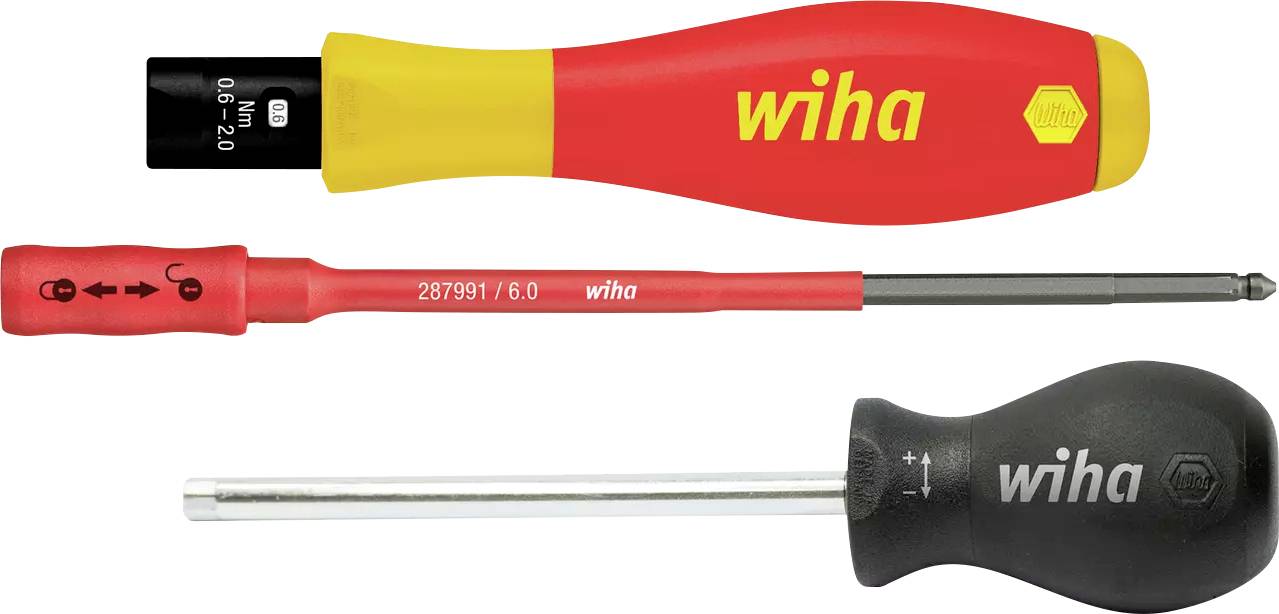 'Three screwdrivers: one with a red handle and yellow head, one with a red insulated shaft, and one with a black handle and metal shaft.'