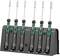 Six screwdrivers with black handles and green details are standing in a black holder.