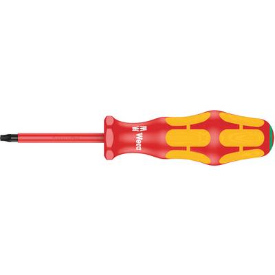 A screwdriver with a red, ergonomic handle and yellow dots, with the blade located on the left.