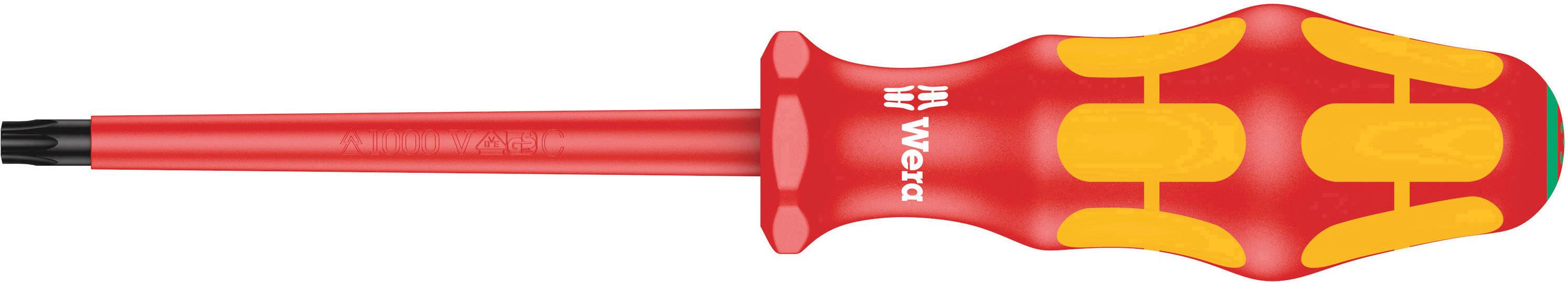 A red screwdriver with an ergonomic handle and yellow inserts, Wera brand.