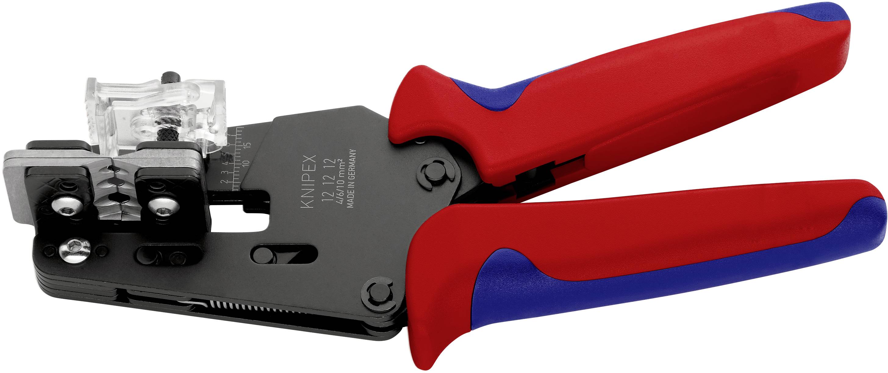 A red and blue crimping plier, used for connecting cables with connectors, on a white background.
