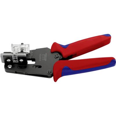 A red and blue crimping plier, used for connecting cables with connectors, on a white background.