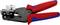 A red and blue crimping plier, used for connecting cables with connectors, on a white background.