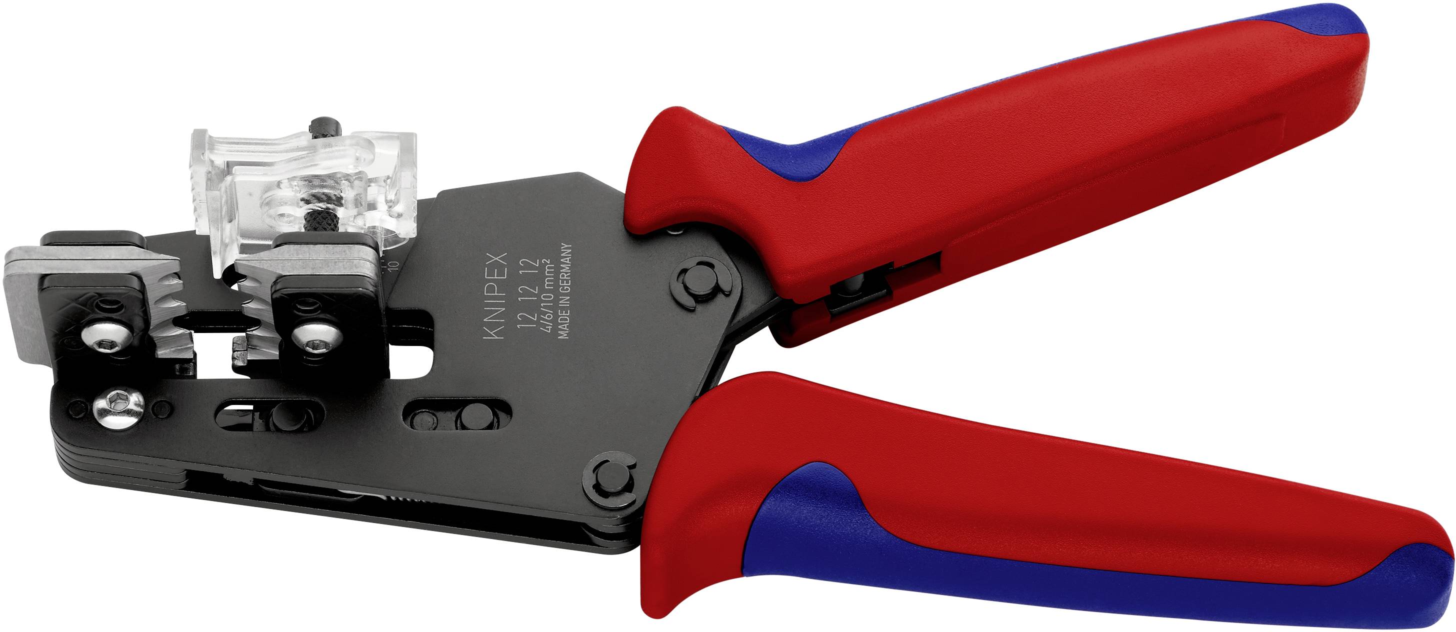 A red and blue crimping pliers by KNIPEX, model 97 53 13. It is used for crimping telephone connectors.