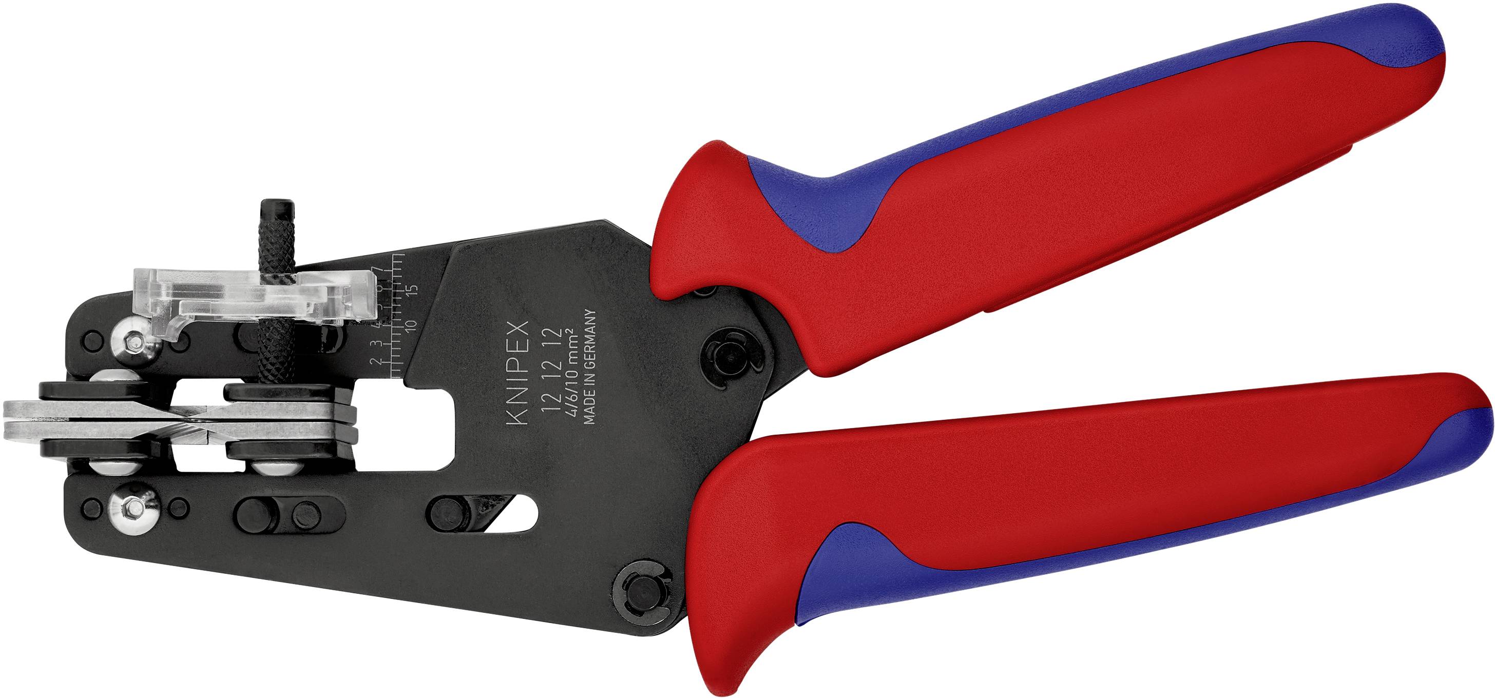 Wire stripping and cutting pliers, primarily black with red handles, brand name visible on the side.