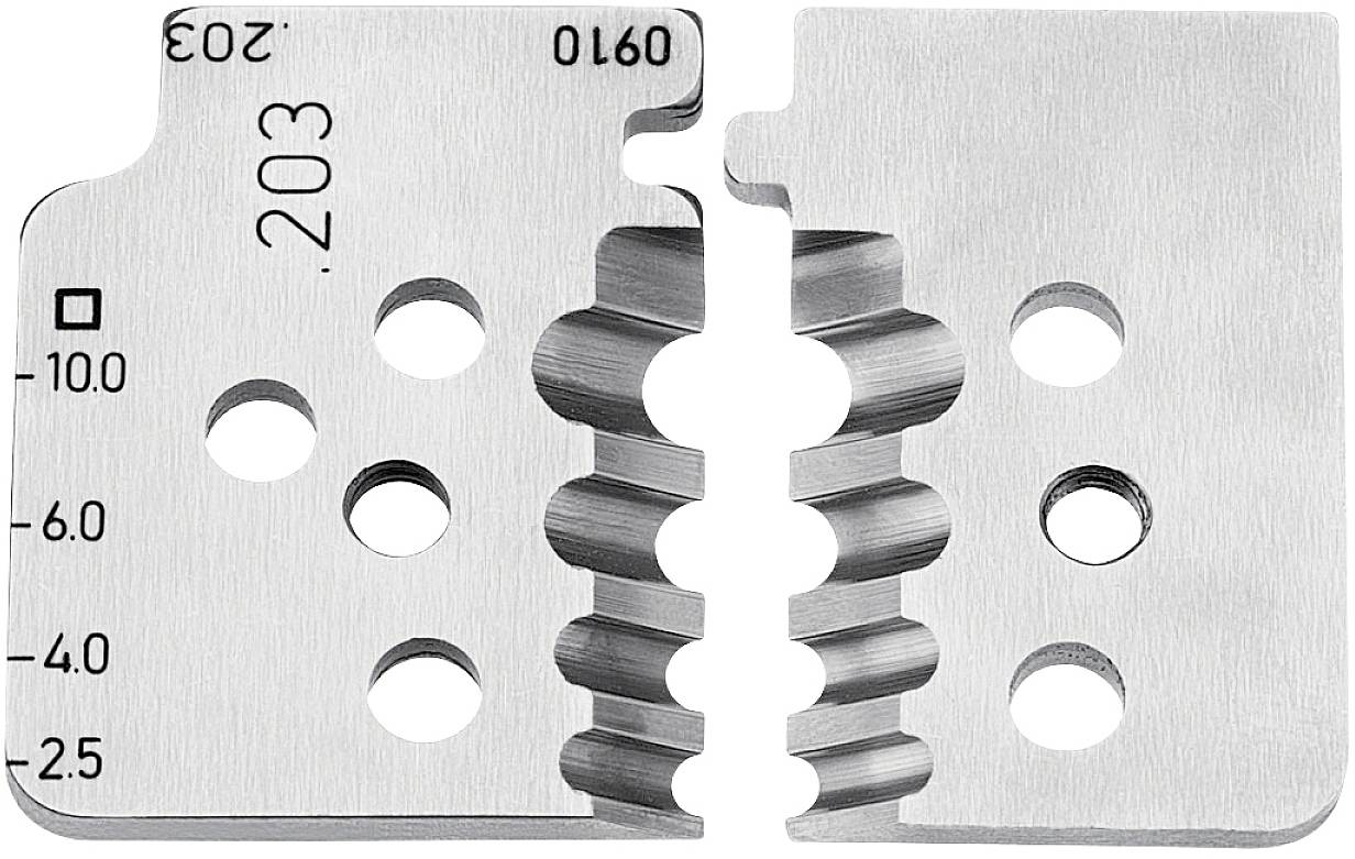Two silver metal parts with straight edges and round holes that form interlocking teeth when joined together. Markings and numbers are indicated.