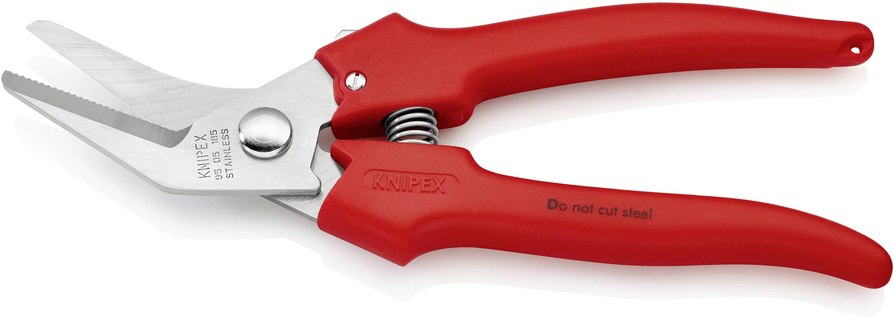 Red metal shears with a silver blade, suitable for cutting thin materials, but not for steel.