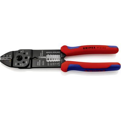 A red and blue wire stripping pliers with a measuring scale and the inscription 'Cable Stripping' and 'Knipex'.