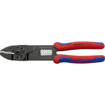 A pair of red and blue-handled wire strippers with measurement markings and multiple holes for different wire gauges.
