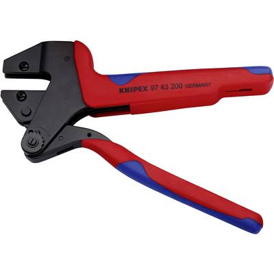 A red and blue crimping pliers with the inscription 'KNIPEX 97 43 200 GERMANY' on the handle.