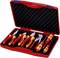 A red toolbox with various isolated pliers and screwdrivers in a foam-filled interior.