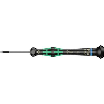 Screwdriver with green-black handle, fine tip and inscription 'Hex 0.05''. Brand name 'Wera' visible on handle.