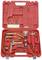 Red tool case with gas torch set; includes hoses, nozzles and accessories; suitable for soldering and installation work.