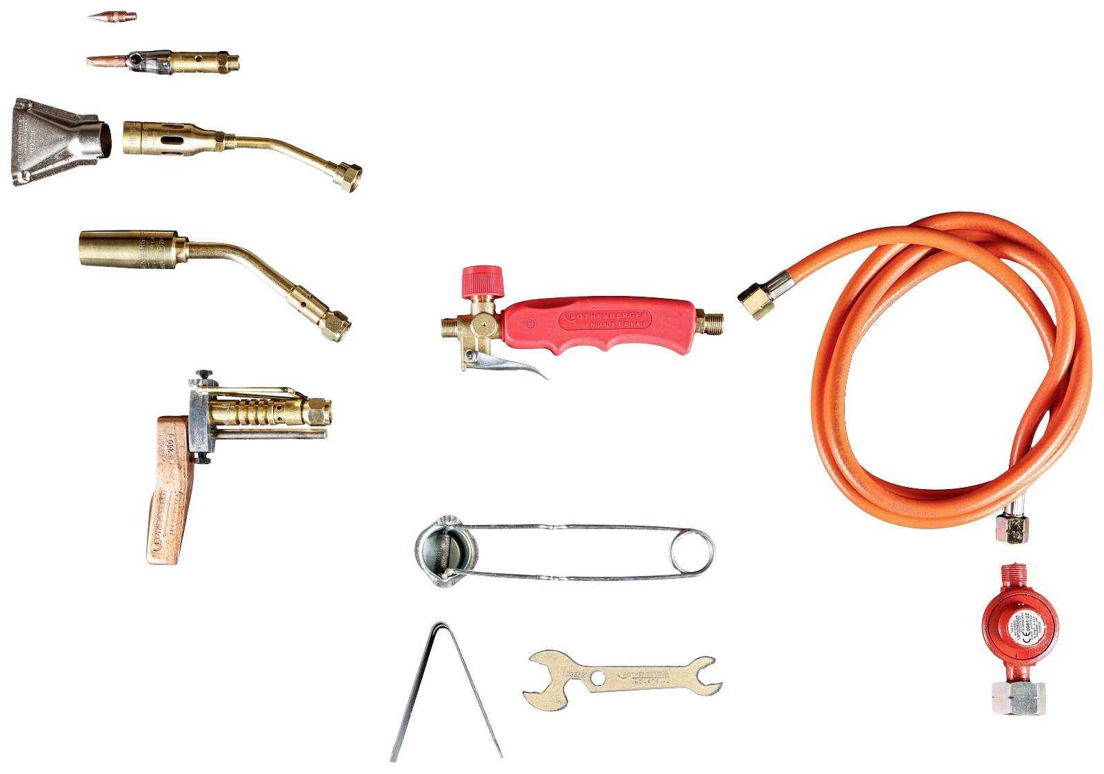 Several parts of a welding set: torch, hose, nozzles, tools and accessories, arranged on a white background.