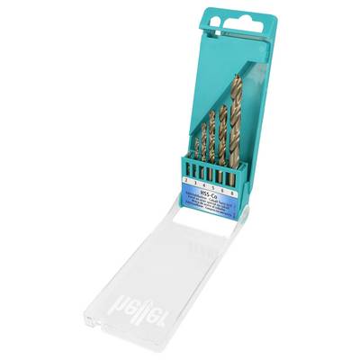 Turquoise drill bit case open to reveal five metal HSS-Co drill bits with size markings on the front label.