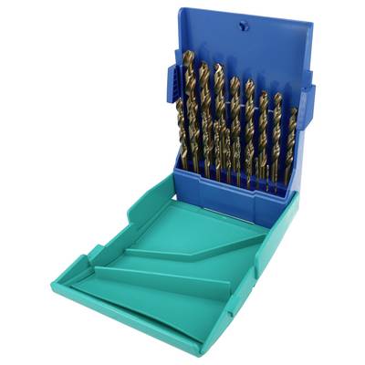 Open blue and teal drill-bit case holding several metal twist drill bits arranged in size order.<br>