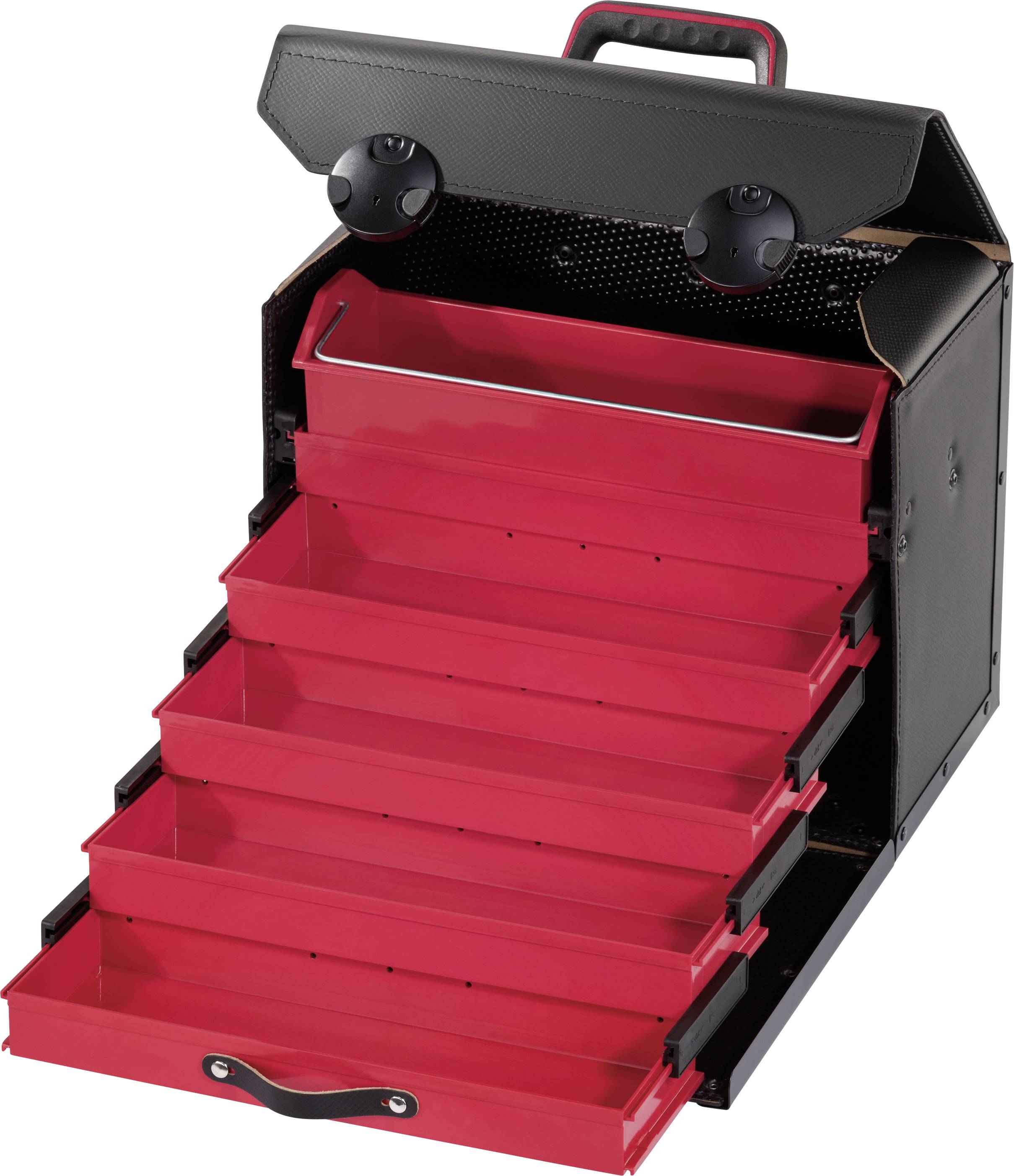 An open black toolbox with red, pull-out drawers stacked at different levels.