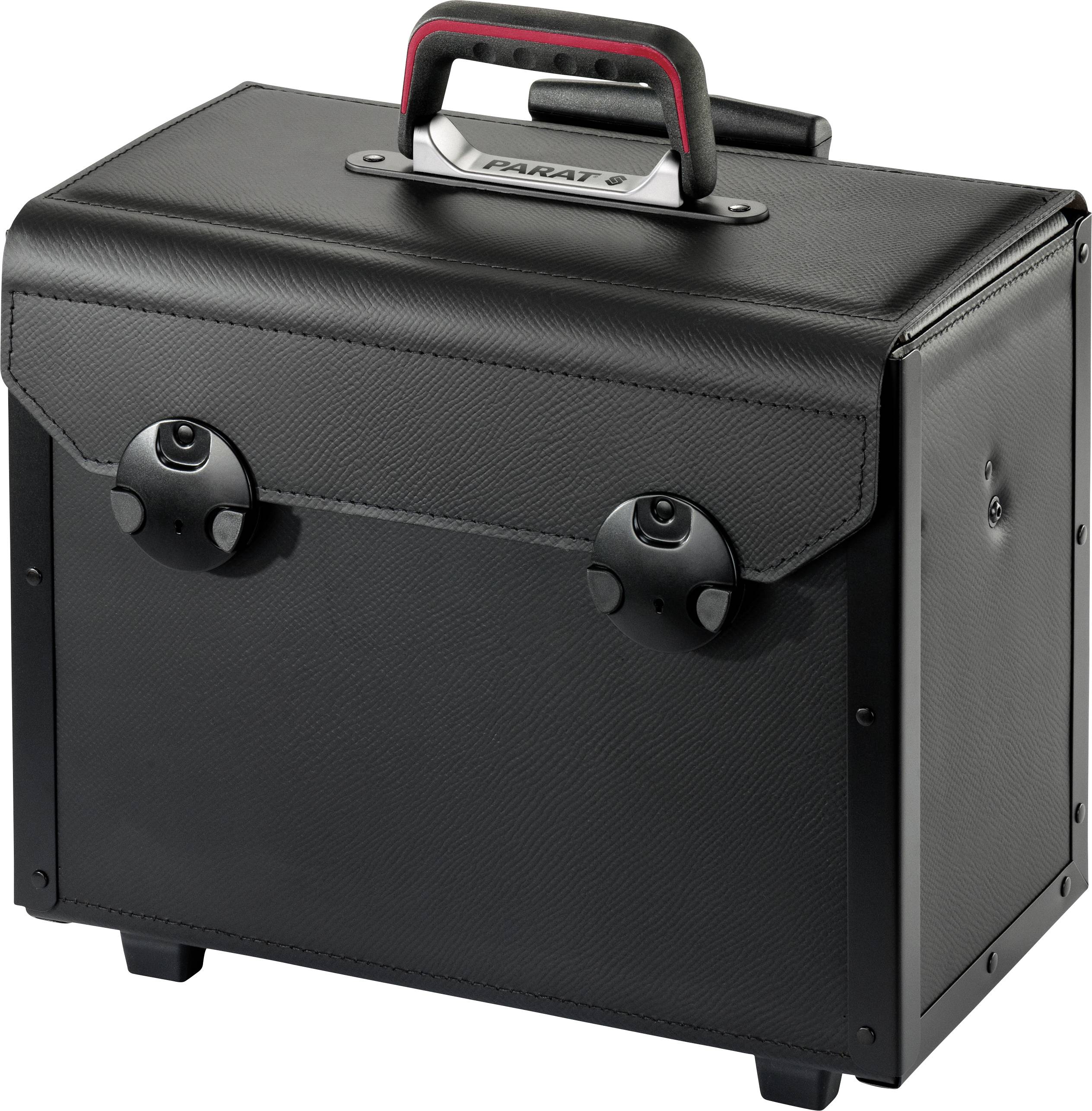 Black, rectangular tool case with handle and snap locks, suitable for secure storage and transportation of tools.