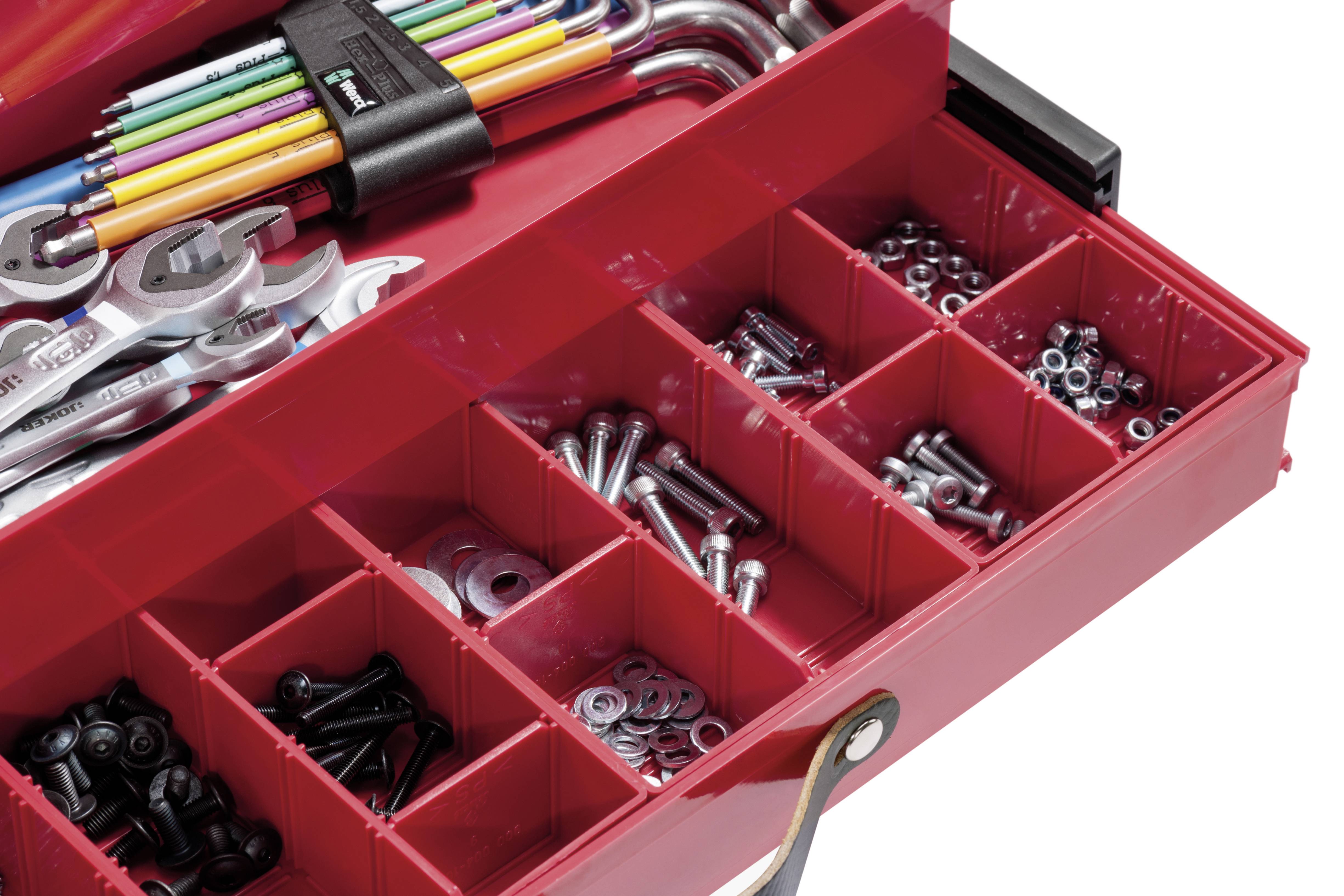 Open red toolbox with compartments displaying various screws, nuts, Allen keys, and colourful screwdrivers.