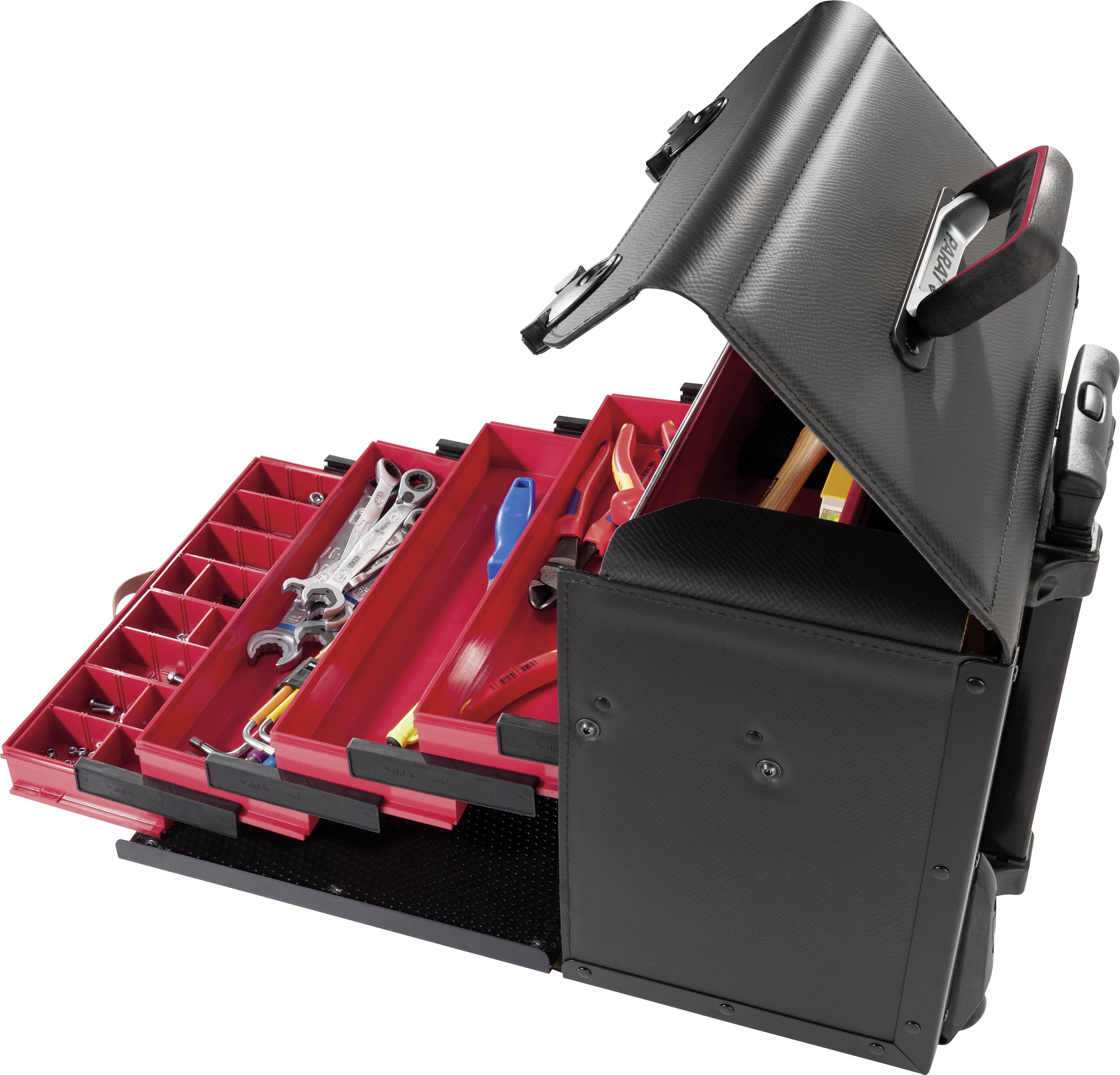 Opened tool bag with red compartments containing various tools such as spanners and screwdrivers.