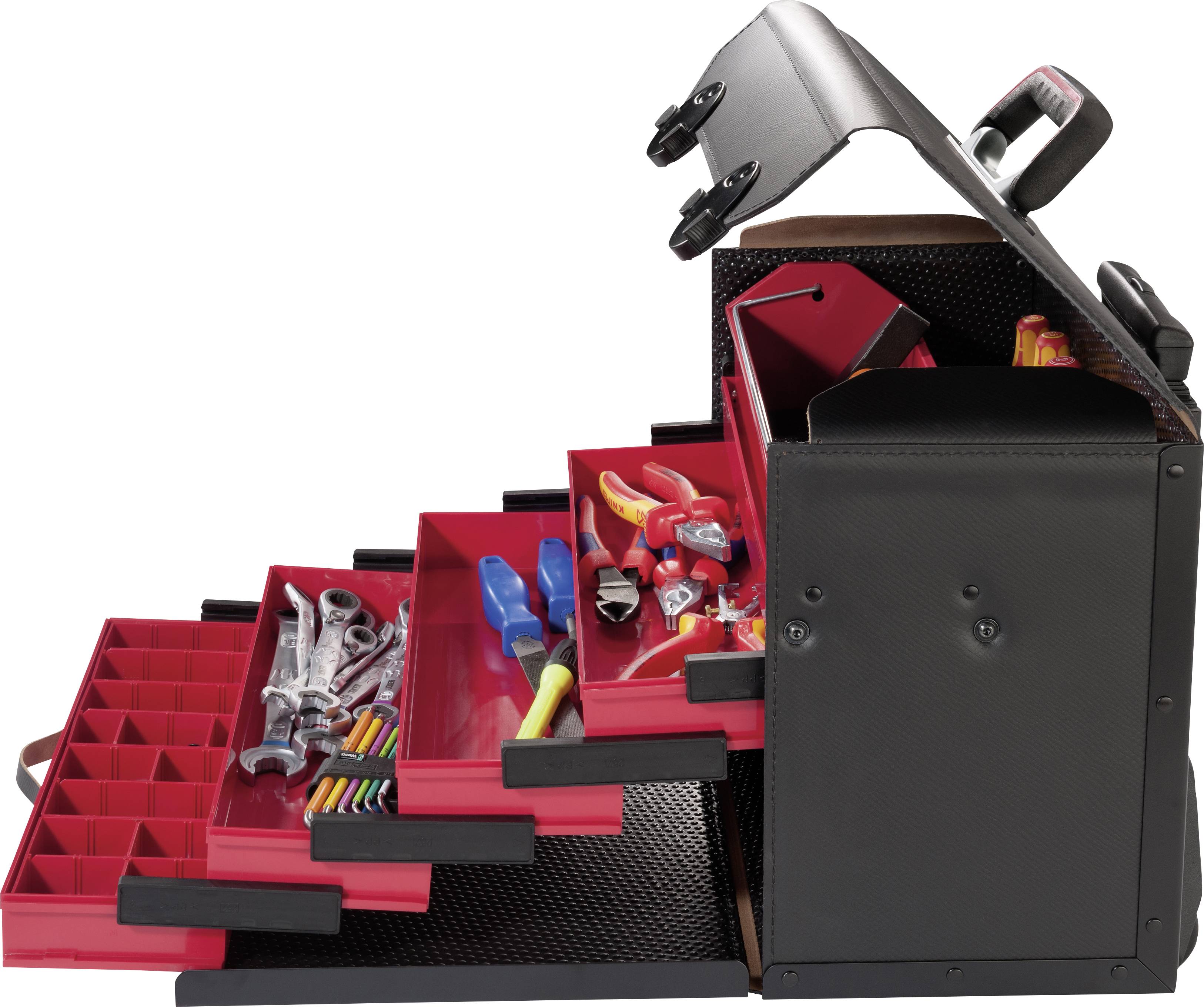 An open toolbox with several extended drawers containing various tools such as spanners, screwdrivers, and pliers.