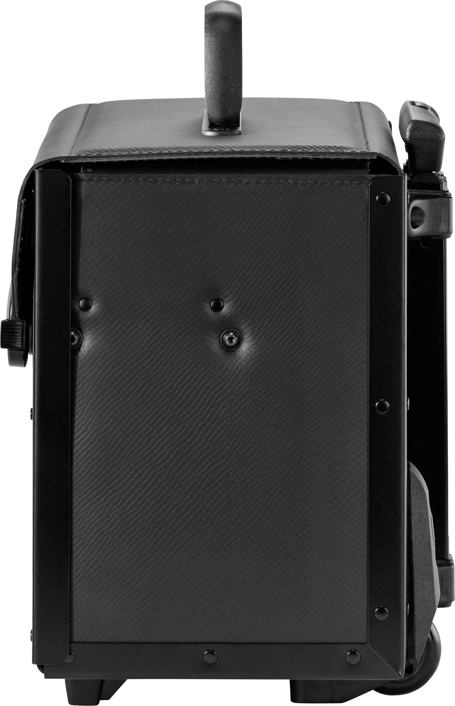 Black, rectangular suitcase with a handle on top and robust edges. It appears compact and durable.
