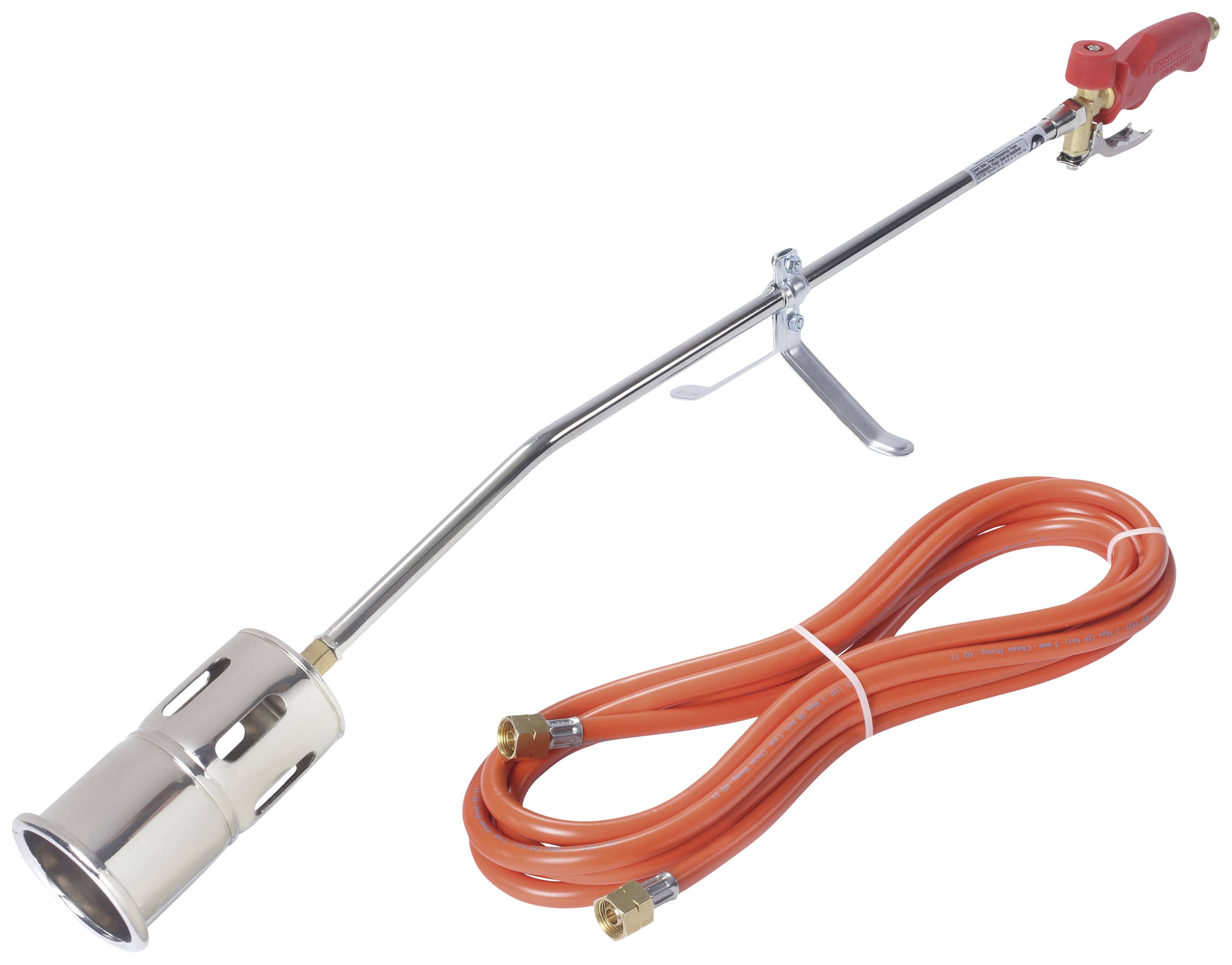 A gas burner with a long metal handle and red valve grip, next to a coiled, orange hose.