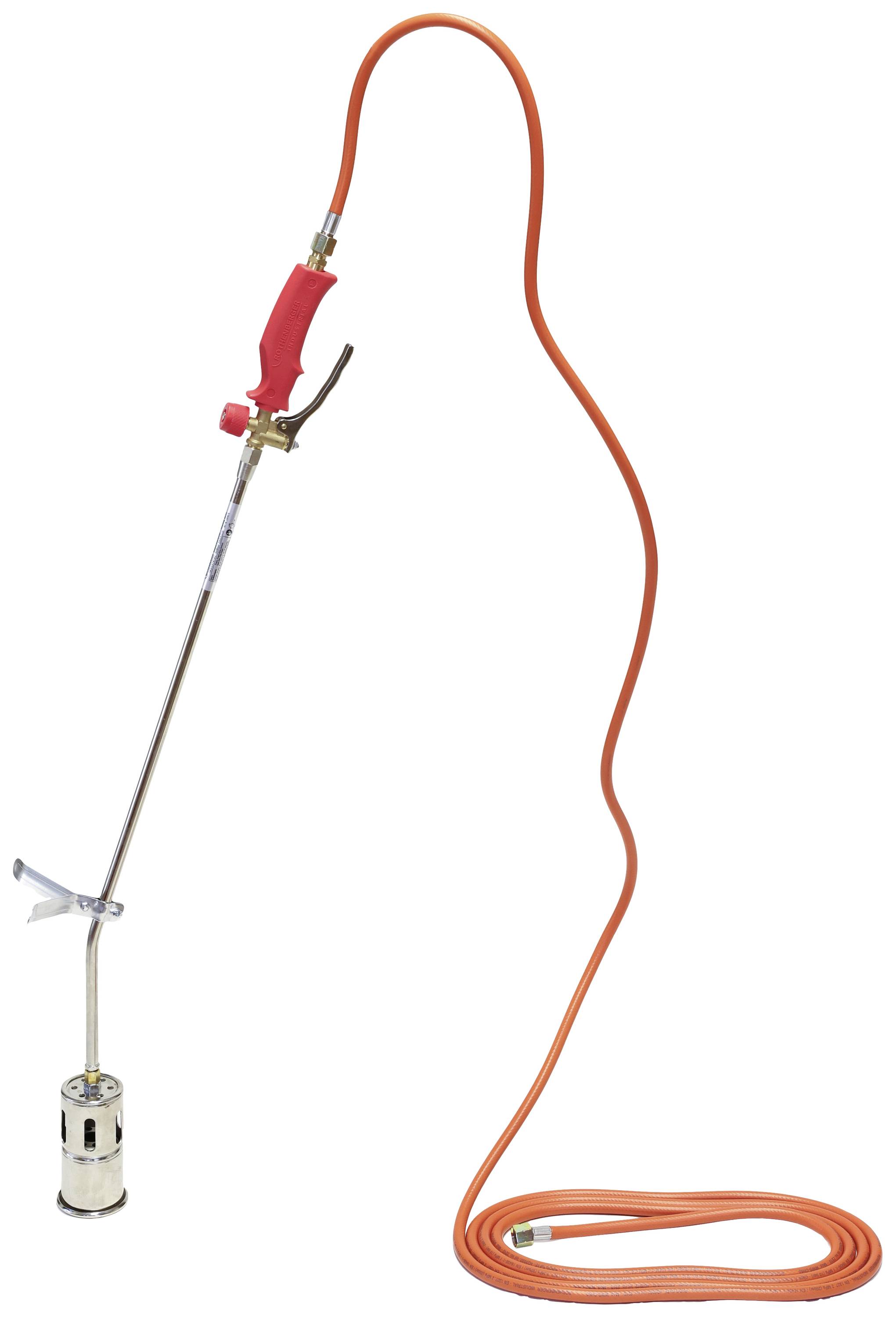 Garden weed burner with a long, curved metal lance, red handle, and long, orange hose.