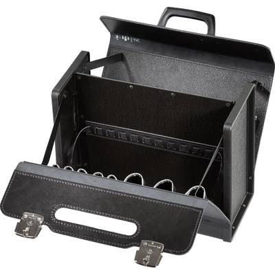 Open black leather briefcase with multiple compartments and silver metal locks, ideal for document organisation.