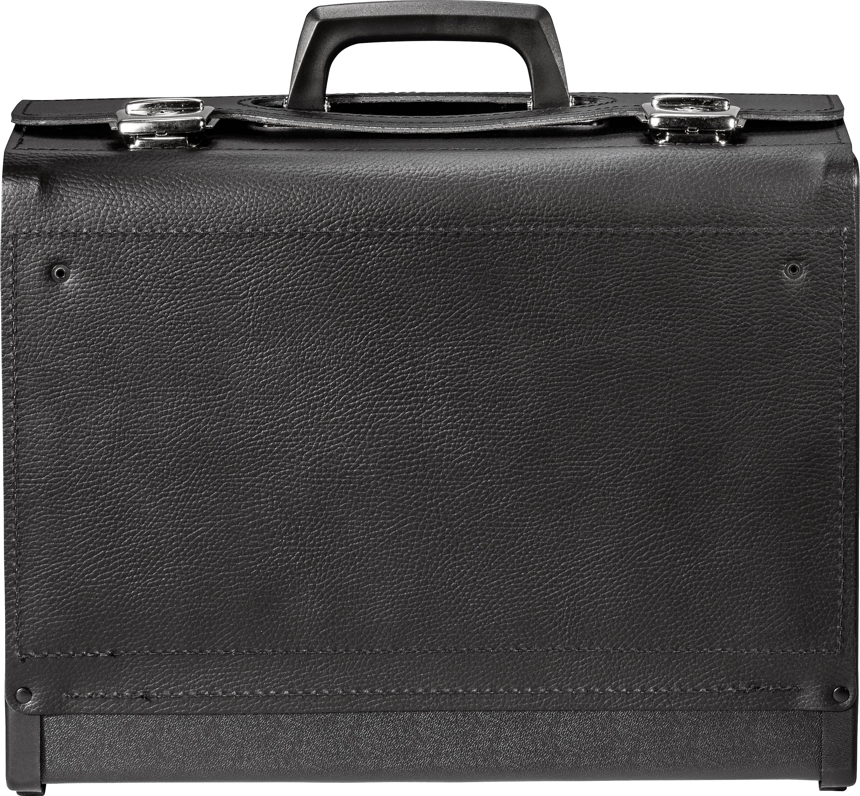 Black leather suitcase, rectangular, with handle and metal clasps, standing upright, against a neutral background.
