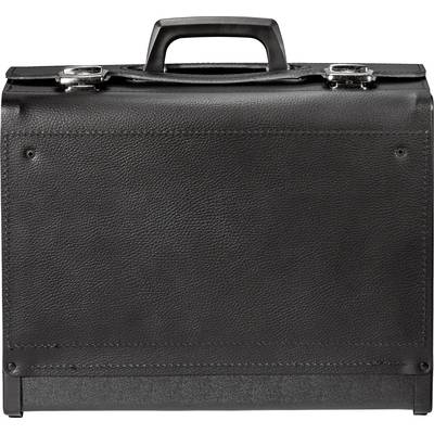 Black leather suitcase, rectangular, with handle and metal clasps, standing upright, against a neutral background.