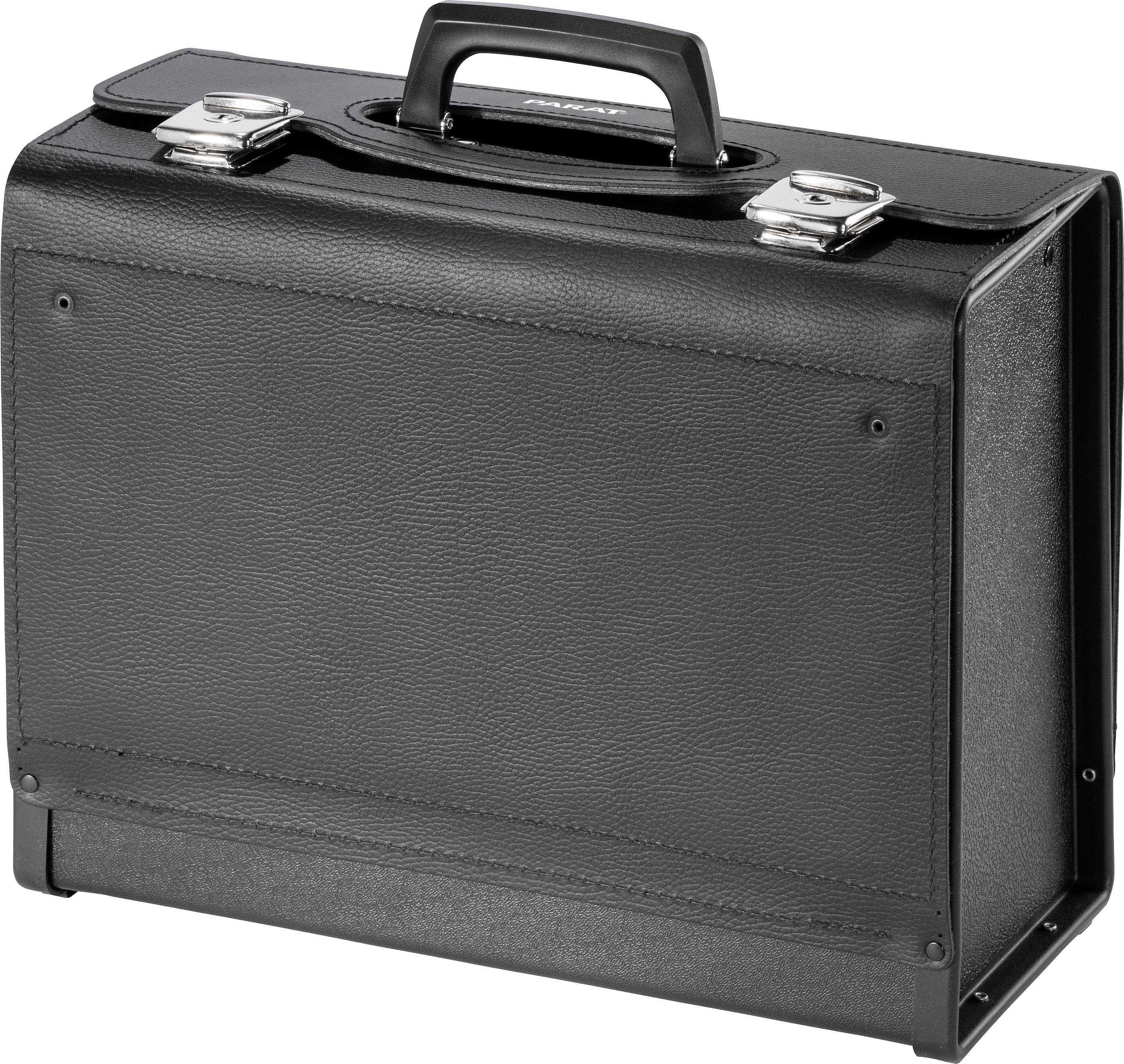 A black leather briefcase with a handle, standing upright.