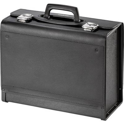 A black leather briefcase with a handle, standing upright.