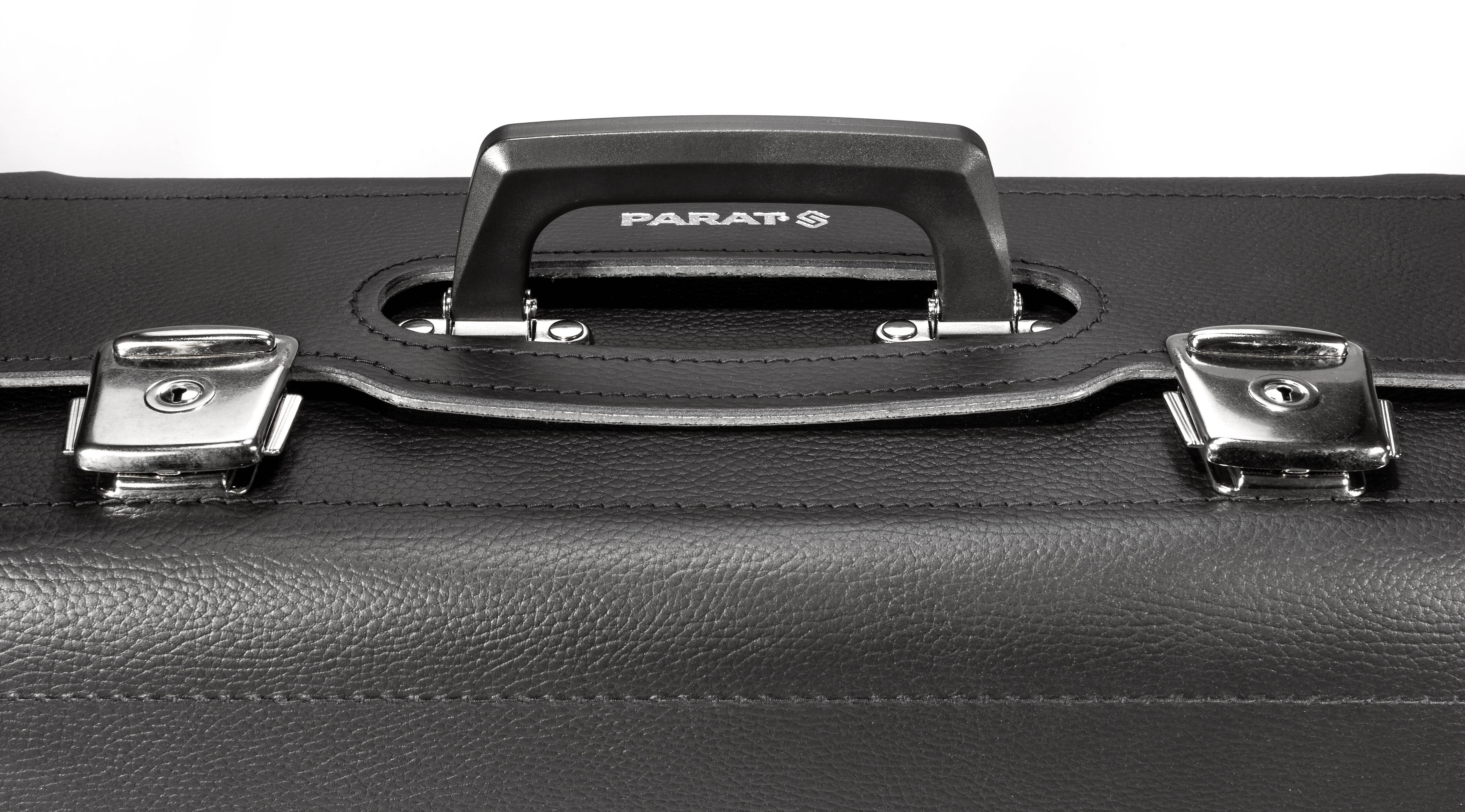 Black briefcase with metal fastenings and a handle bearing the word 'Parat'.