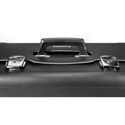 Black briefcase with metal fastenings and a handle bearing the word 'Parat'.