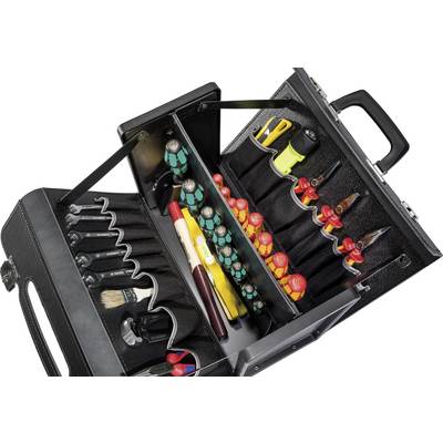 An opened toolbox with various tools such as screwdrivers, pliers, and spanners, neatly arranged.