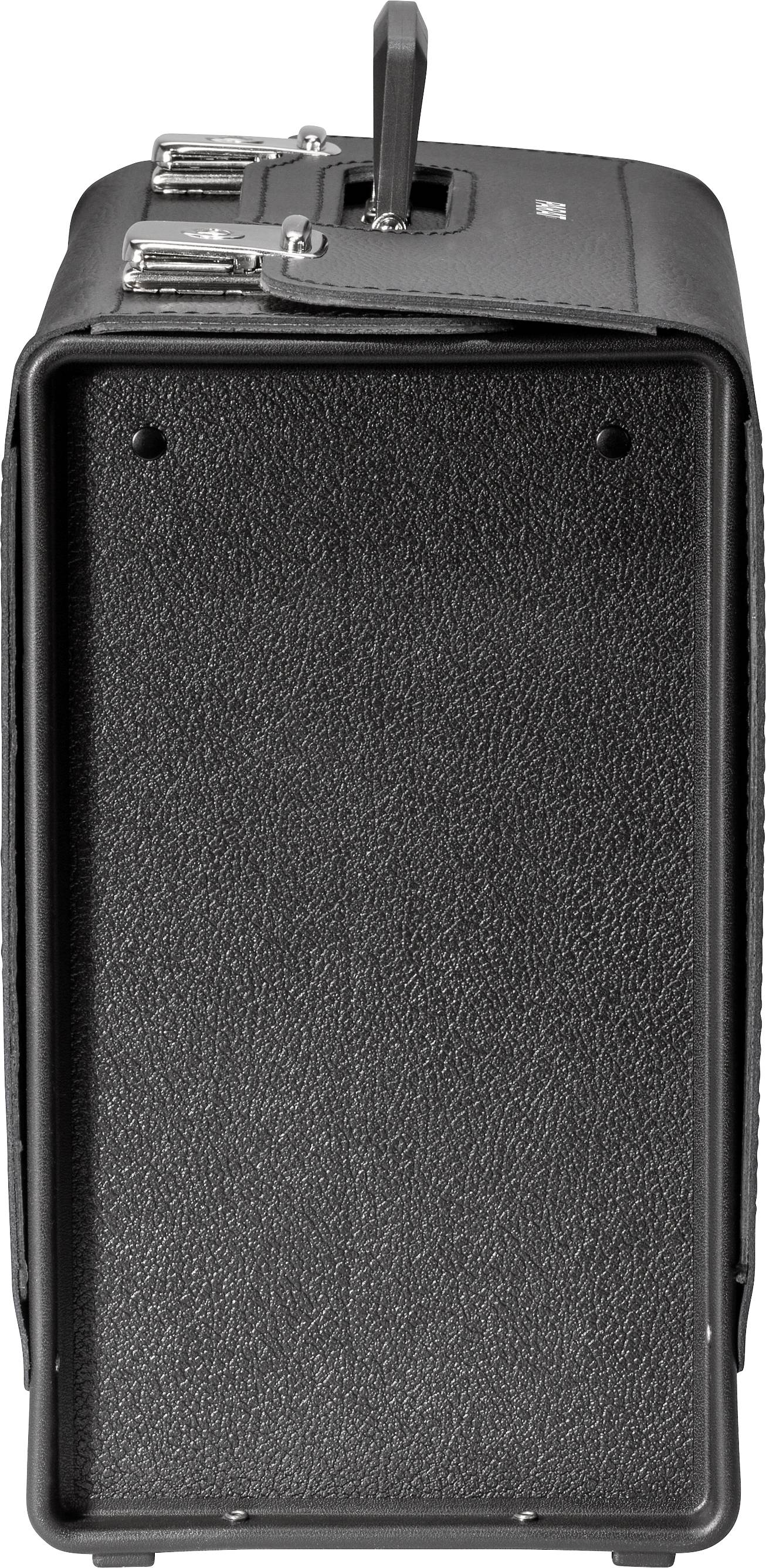 'Black box with leather-look finish, metal fastenings and a handle.'