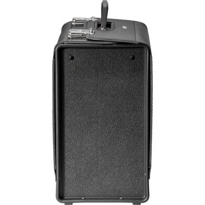 'Black box with leather-look finish, metal fastenings and a handle.'