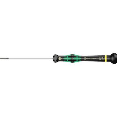 A black screwdriver with a green handle and a flat tip. Model number '0.4'. Designated for precision work.