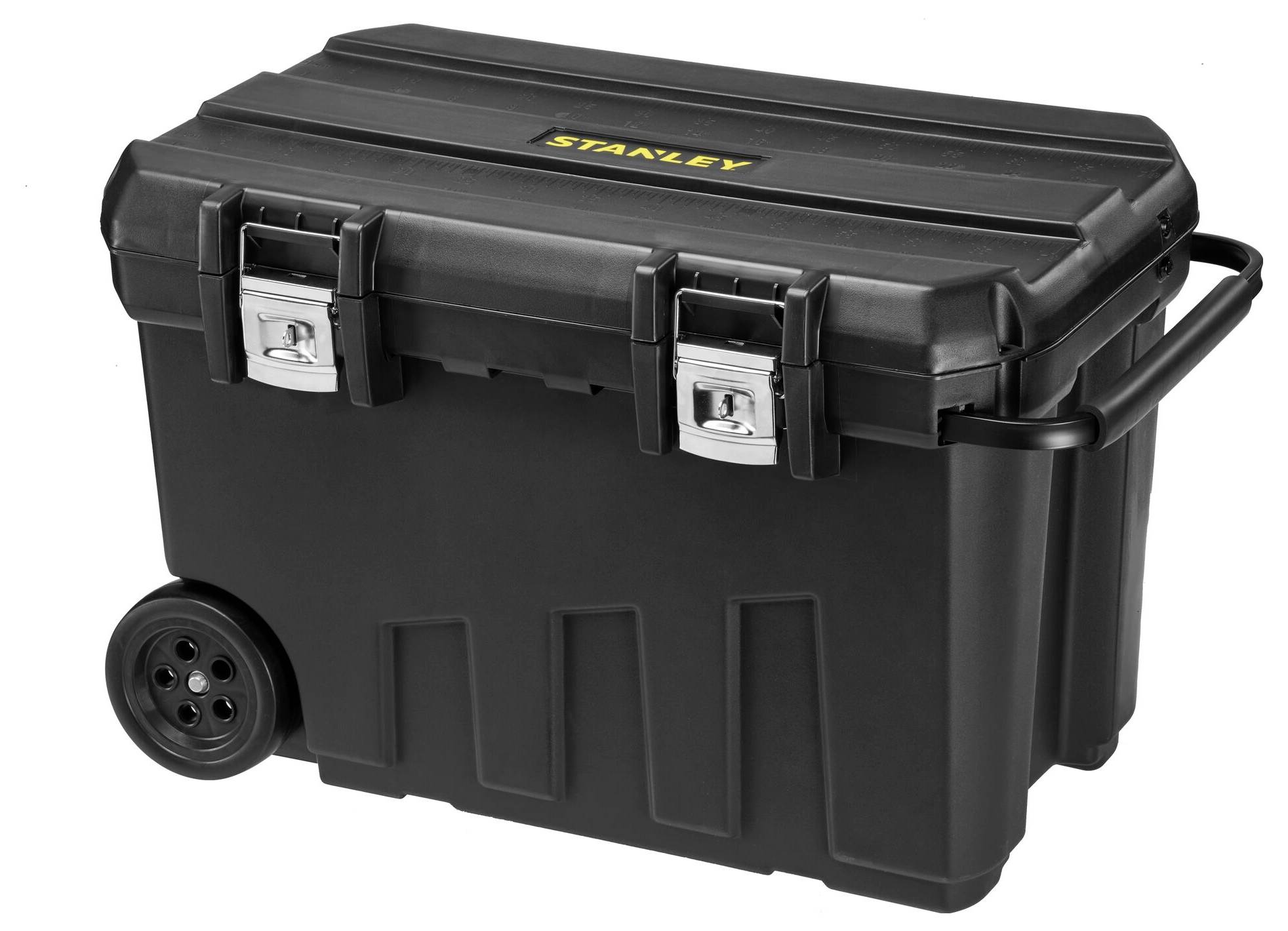 Black toolbox with wheels, two silver catches and handles. 'Stanley' brand name visible on top.