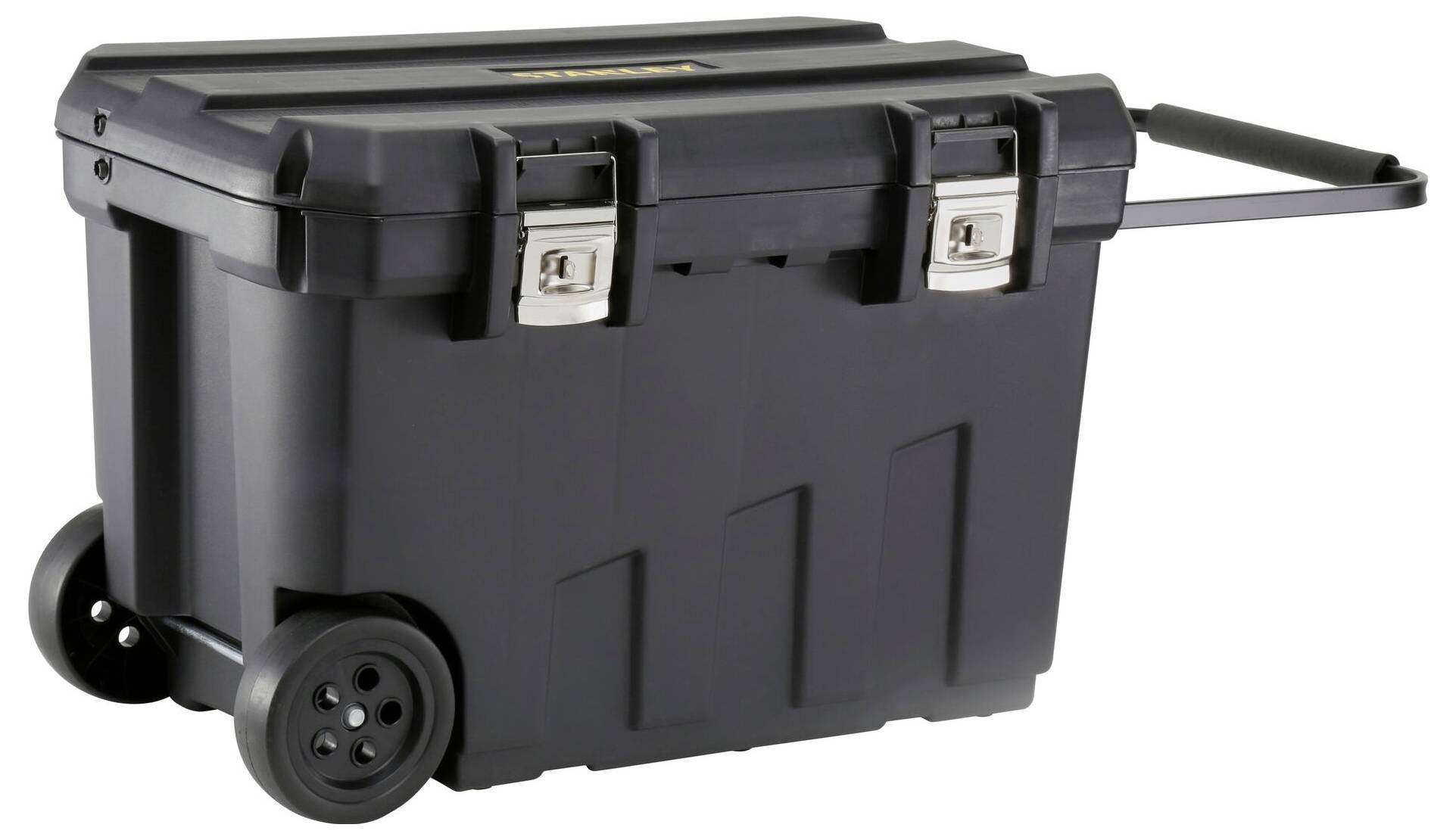 Black tool chest on wheels with extendable handle, robust design and metal locks, suitable for tool storage and transportation.