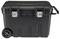 Black tool box with wheels and carry handle; two metal latches on top; robust design for easy transportation of tools.