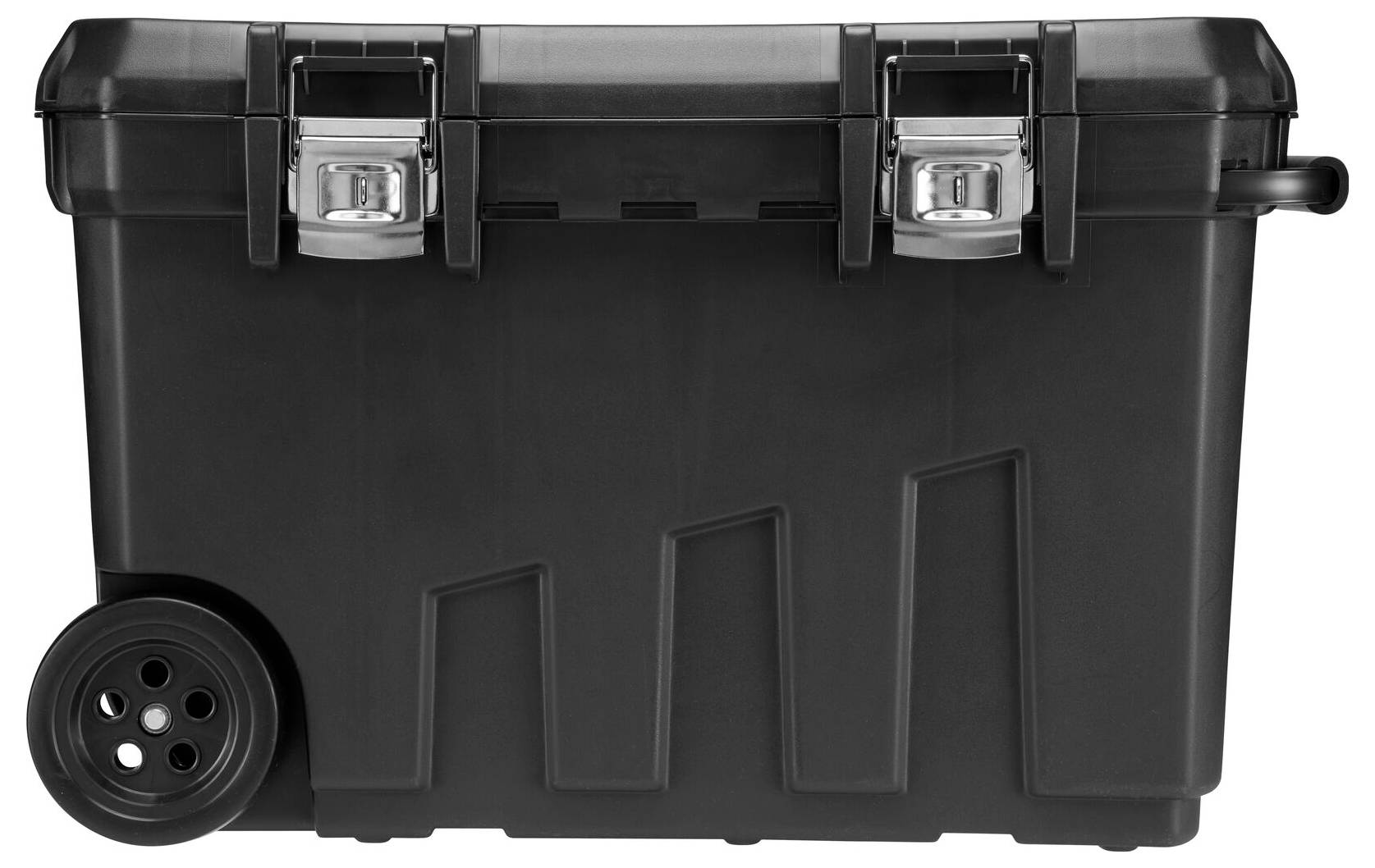 Black toolbox with two silver latches and a wheel on the bottom left side, against a white background.